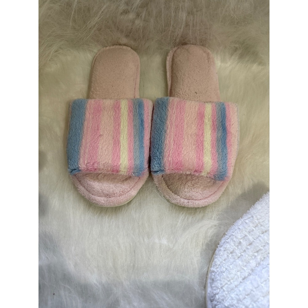 Mark Traver's Pink Blue White Striped Terry Cloth Slide Slippers Small USA Made - Picture 2 of 6